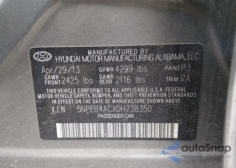 2013 Hyundai Sonata Gls z USA, uszkodzony, nr VIN 5NPEB4ACXDH738350